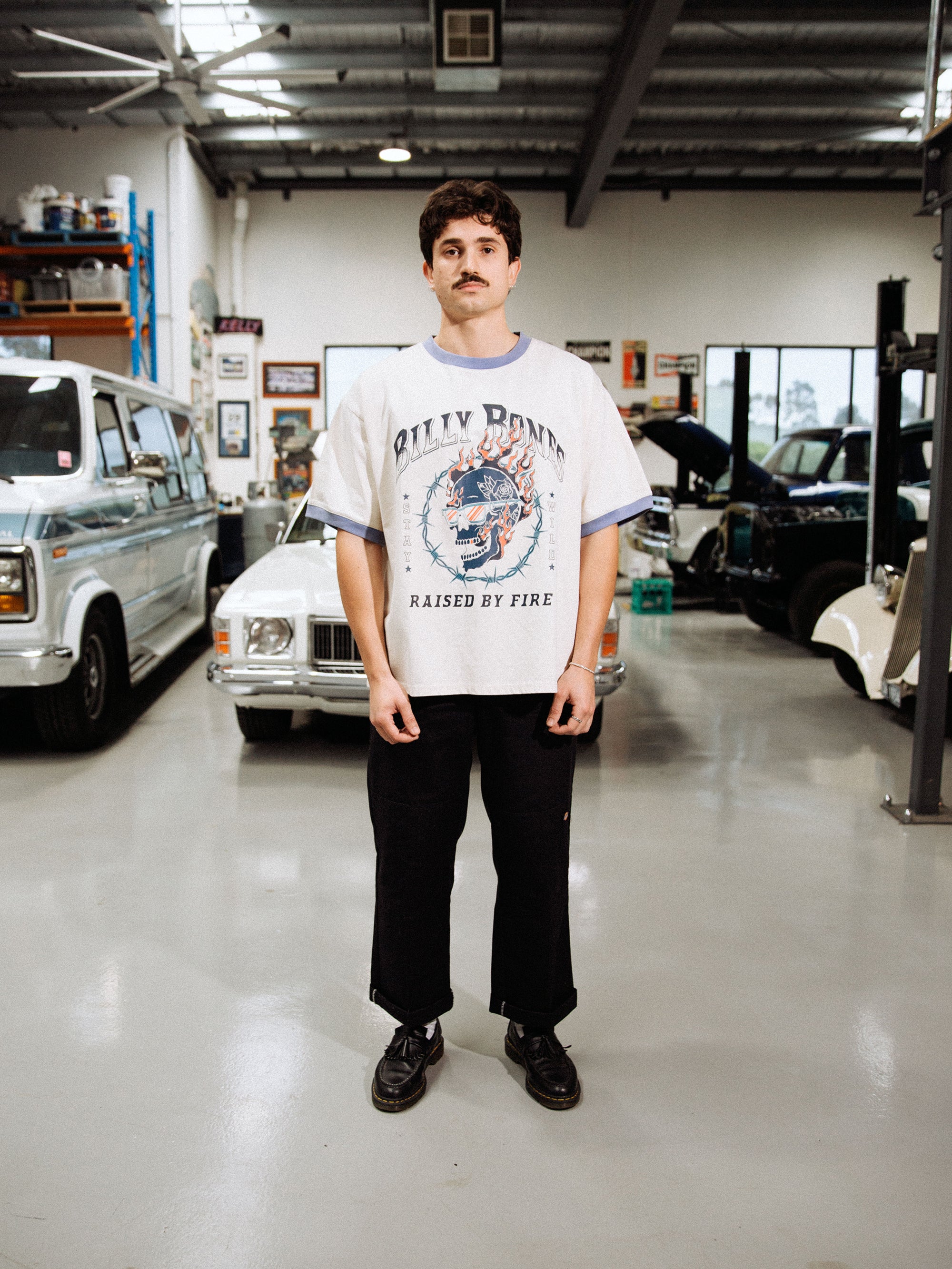 Raised By Fire Ringer Tee - Vintage White/Blue
