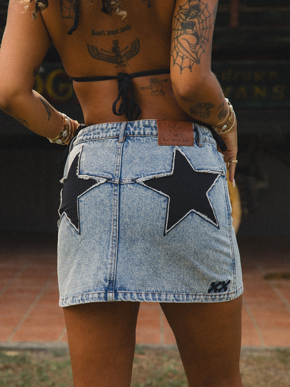 Star Studded Denim Skirt - Washed Blue