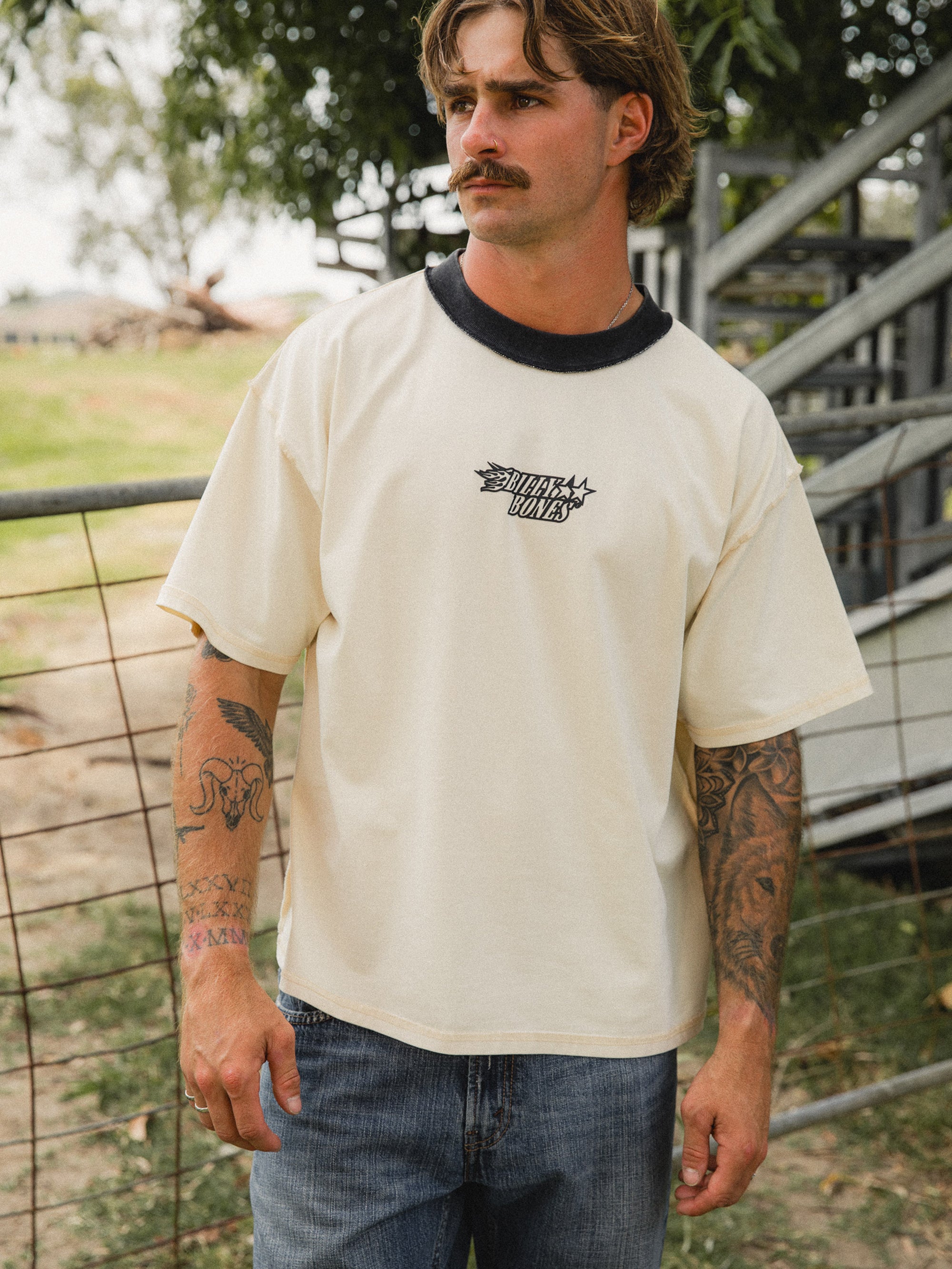 Flames Contrast Rib Tee - Cream/Black