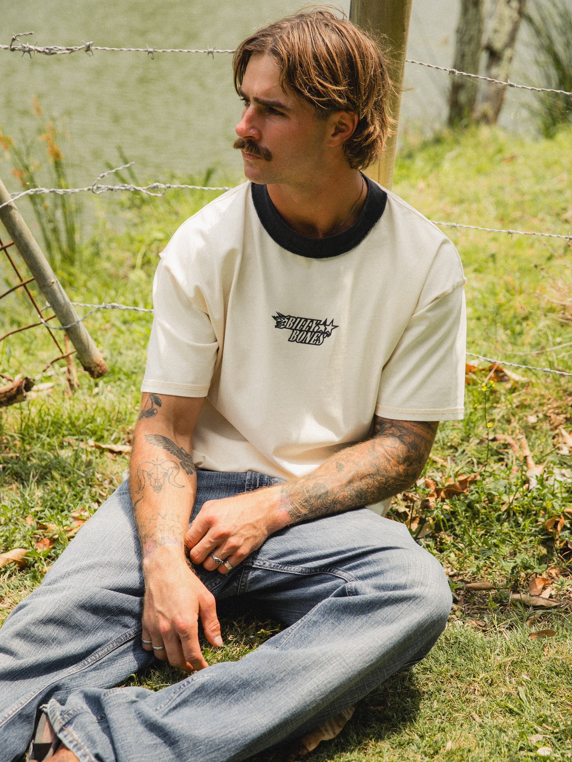 Flames Contrast Rib Tee - Cream/Black