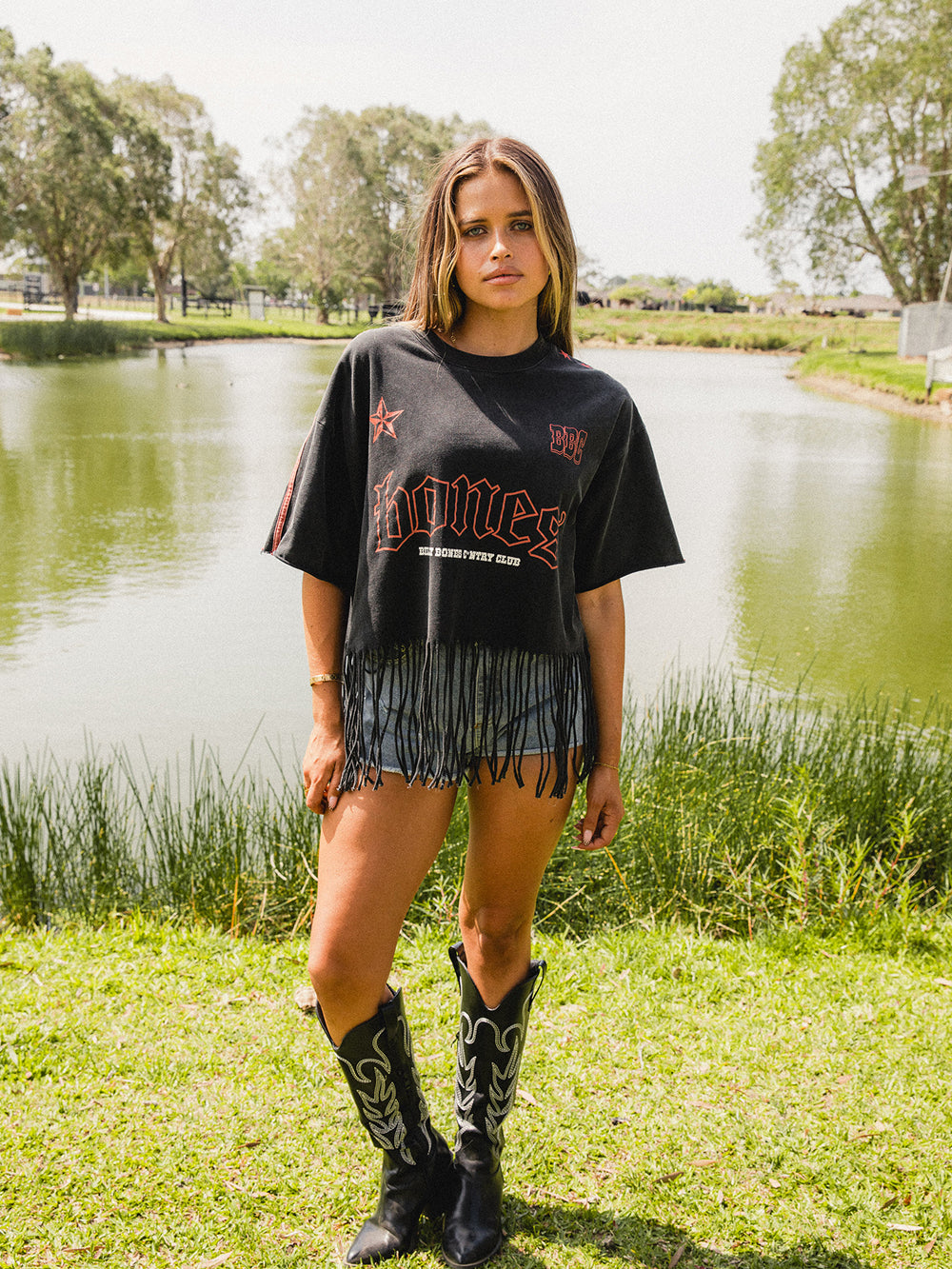 Frayed Stacked Tee - Washed Black