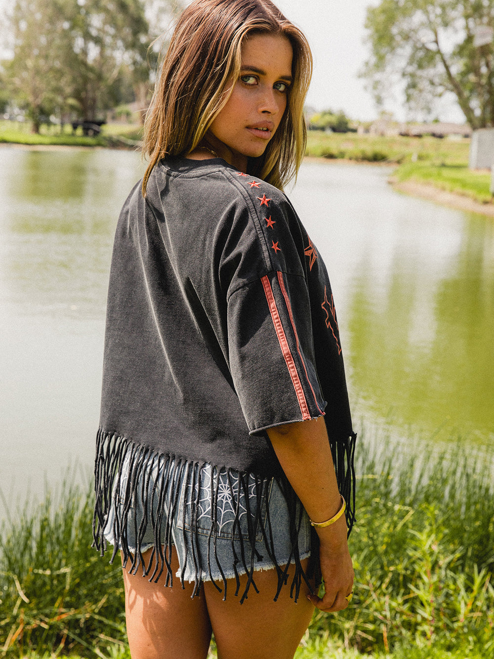 Frayed Stacked Tee - Washed Black