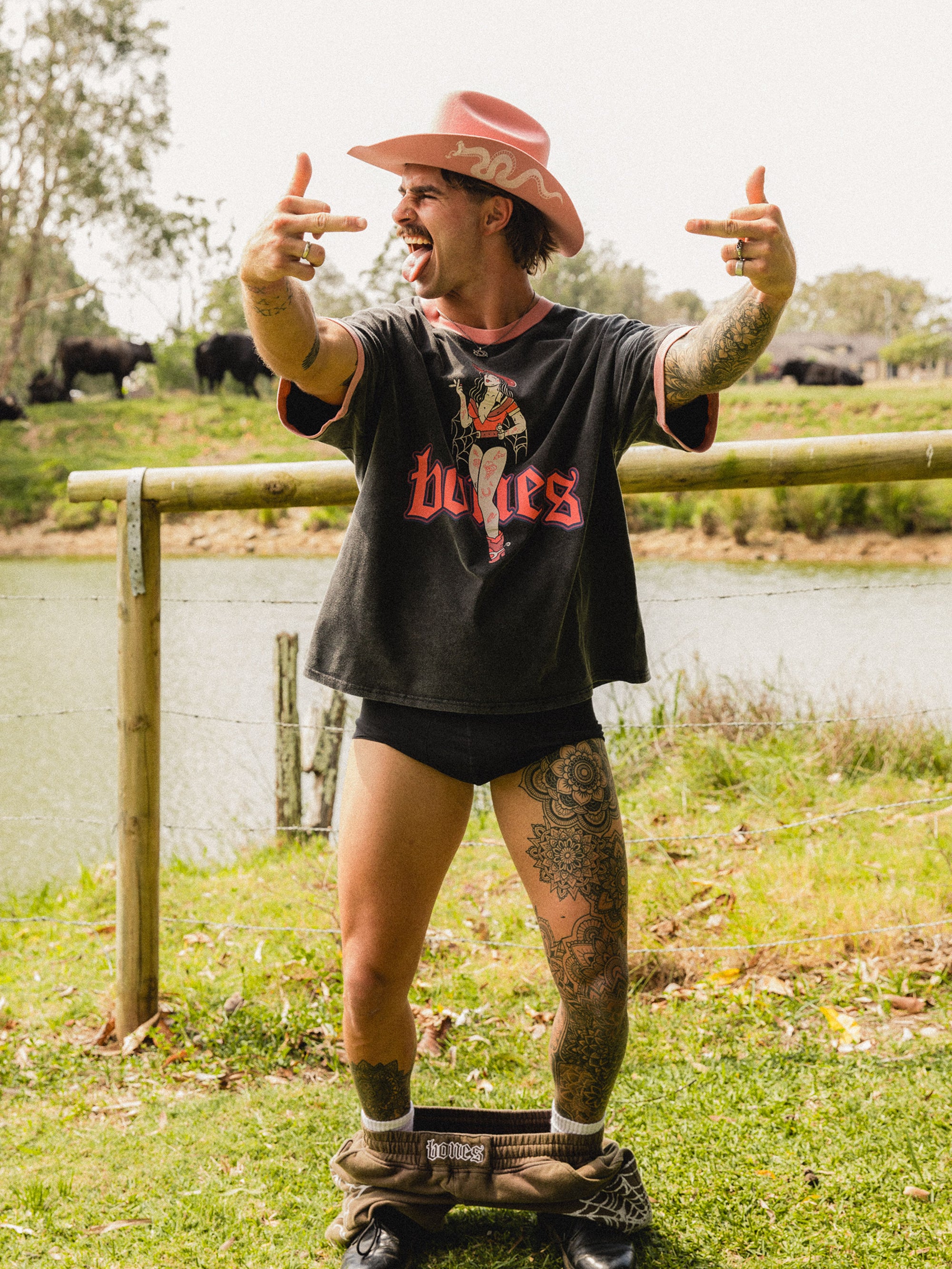 Neon Cowgirl Ringer Tee - Washed Black/Pink