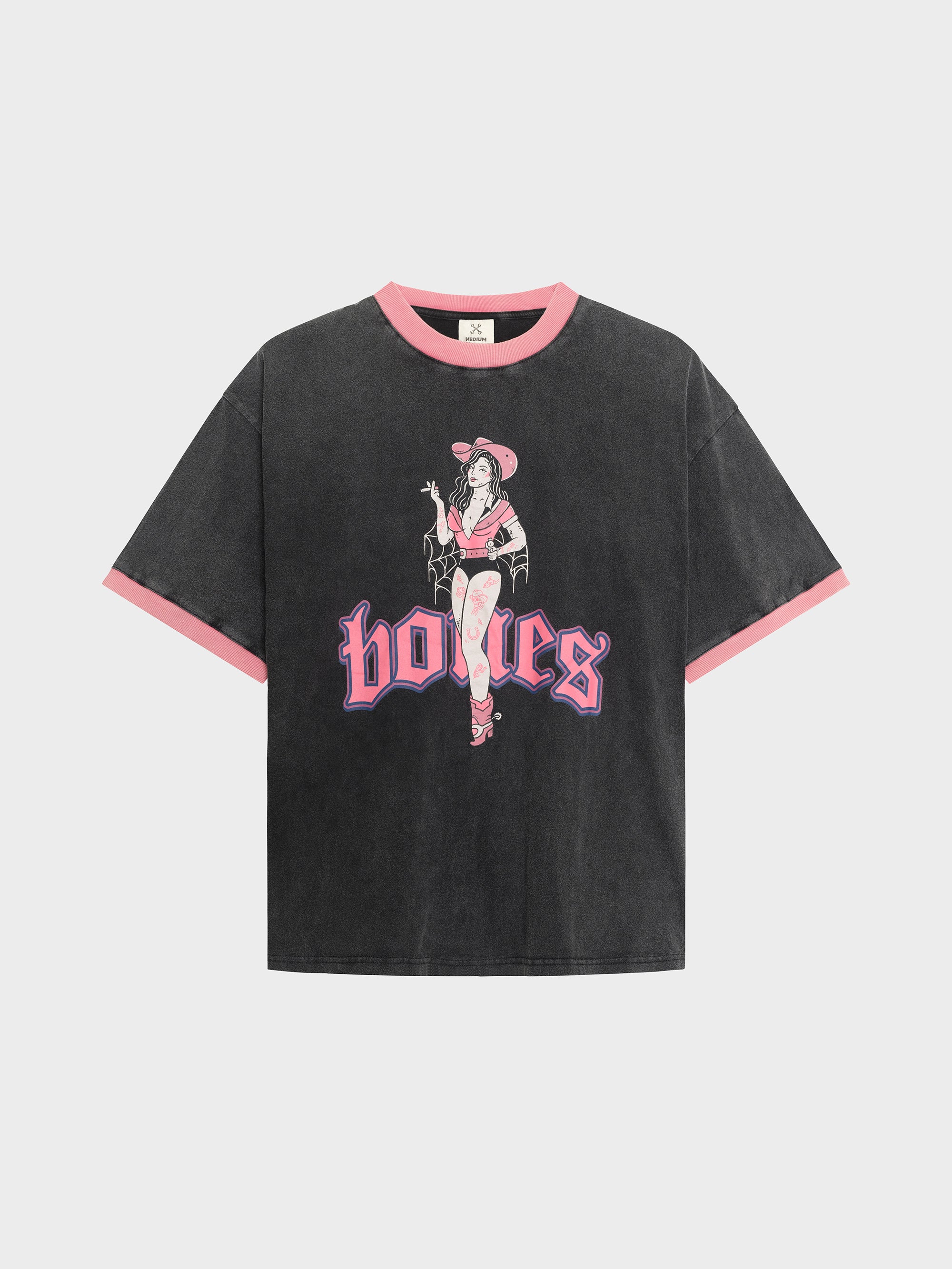 Neon Cowgirl Ringer Tee - Washed Black/Pink