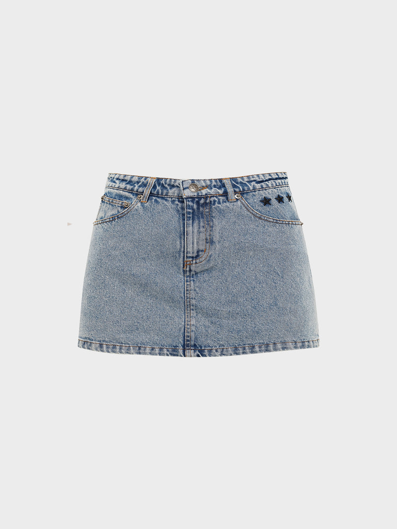 Star Studded Denim Skirt - Washed Blue