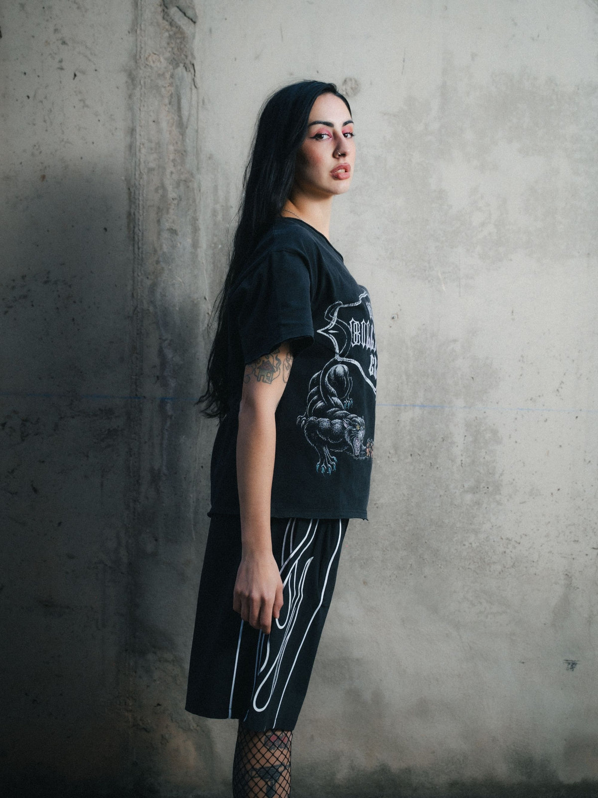 Tough Cat Off Shoulder Tee - Washed Black