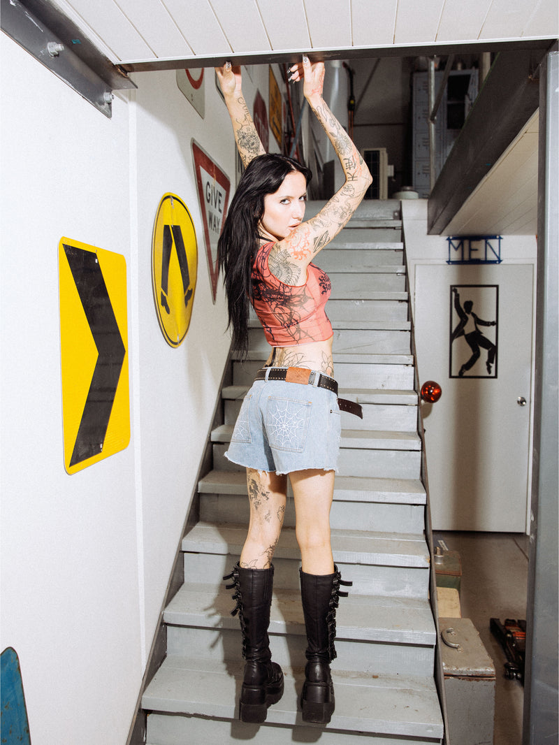 Webbed Denim Mini Shorts - Washed Blue