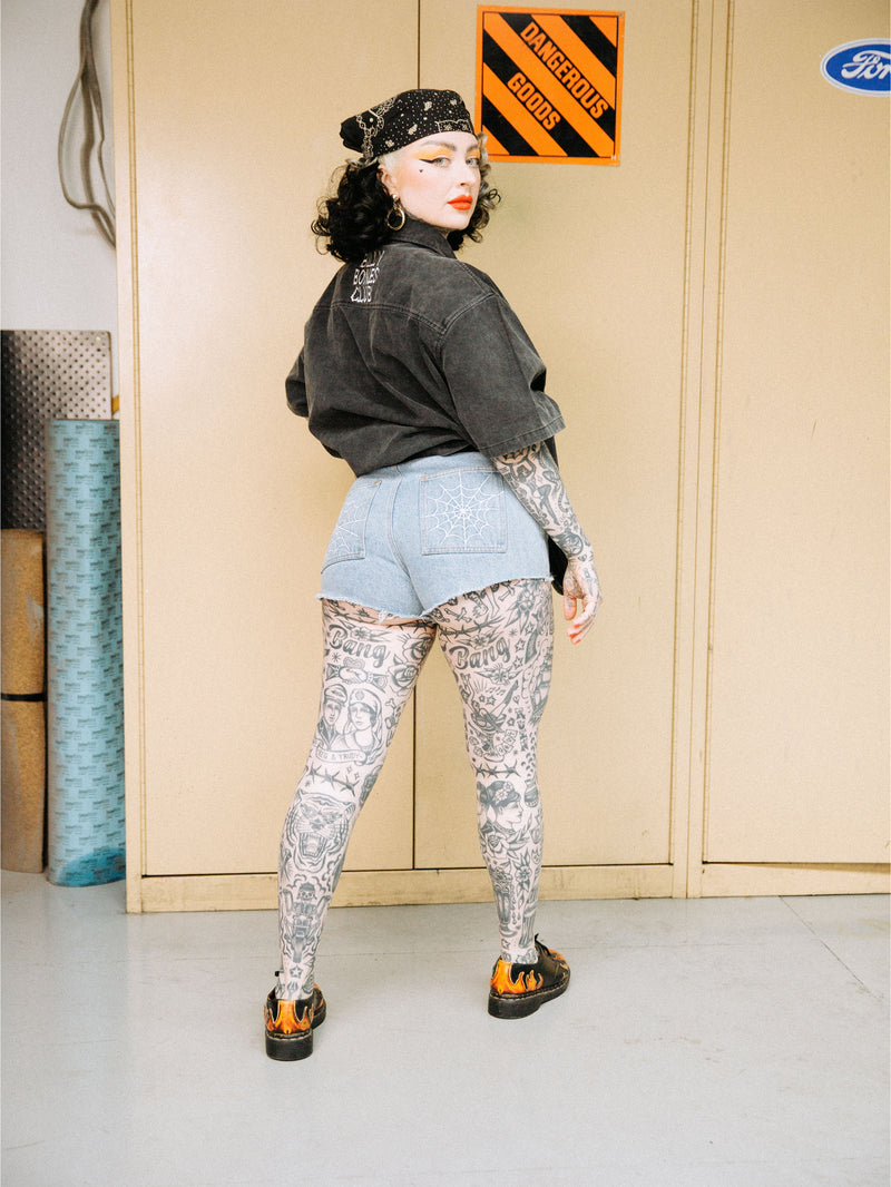 Webbed Denim Mini Shorts - Washed Blue