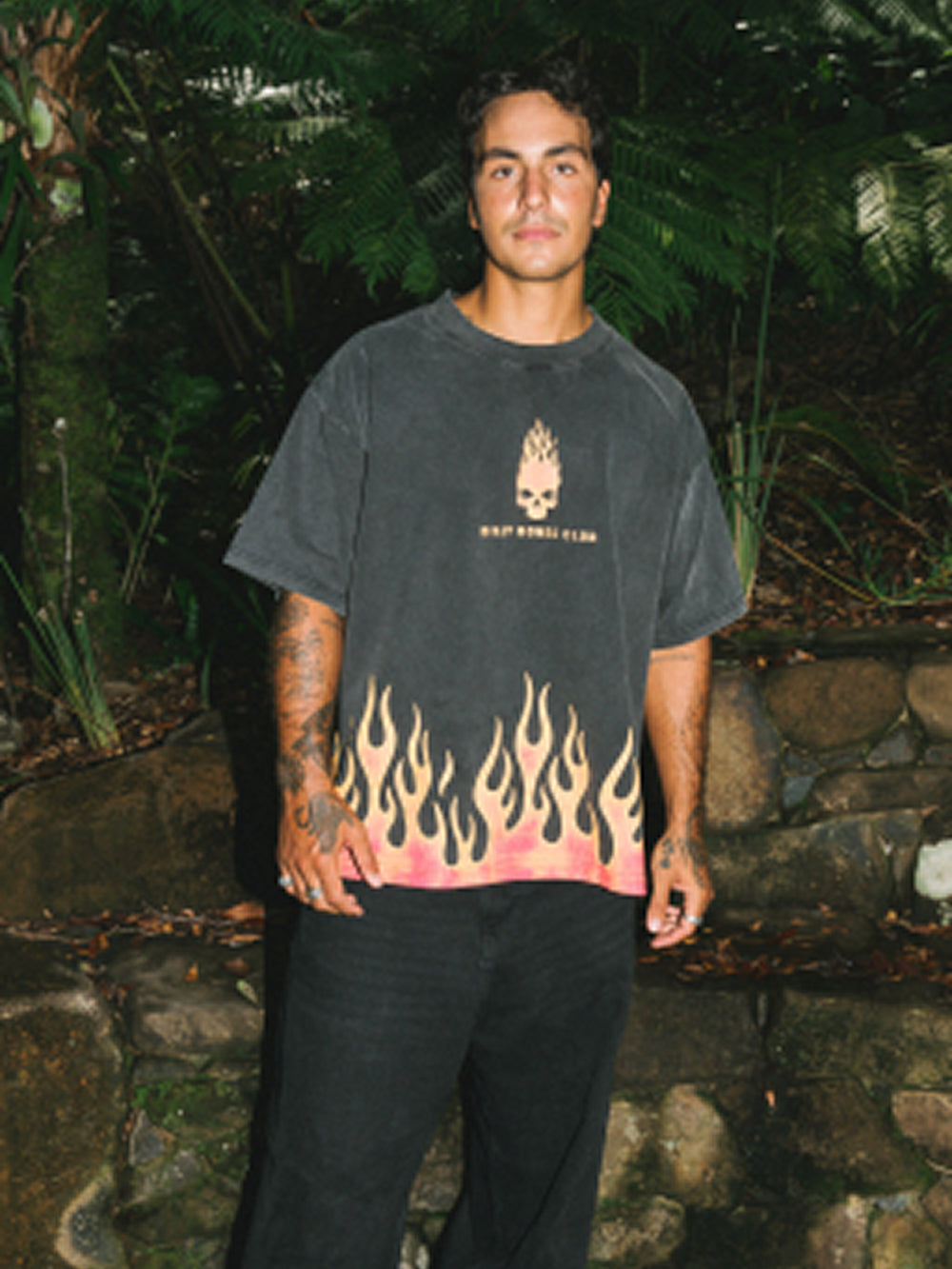 Burning Skull Tee - Washed Black/Flame