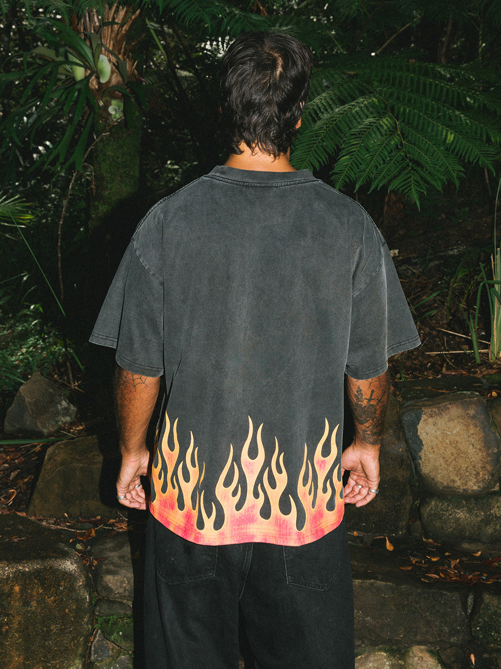 Burning Skull Tee - Washed Black/Flame