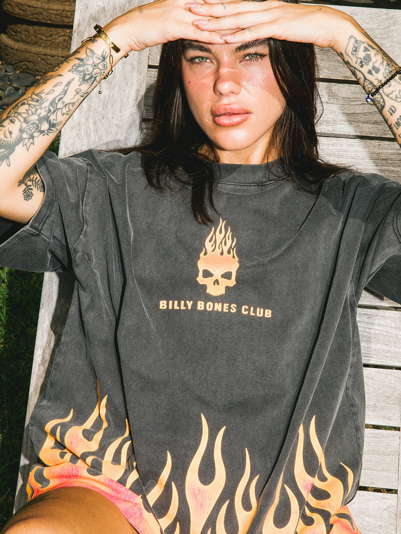 Burning Skull Tee - Washed Black/Flame