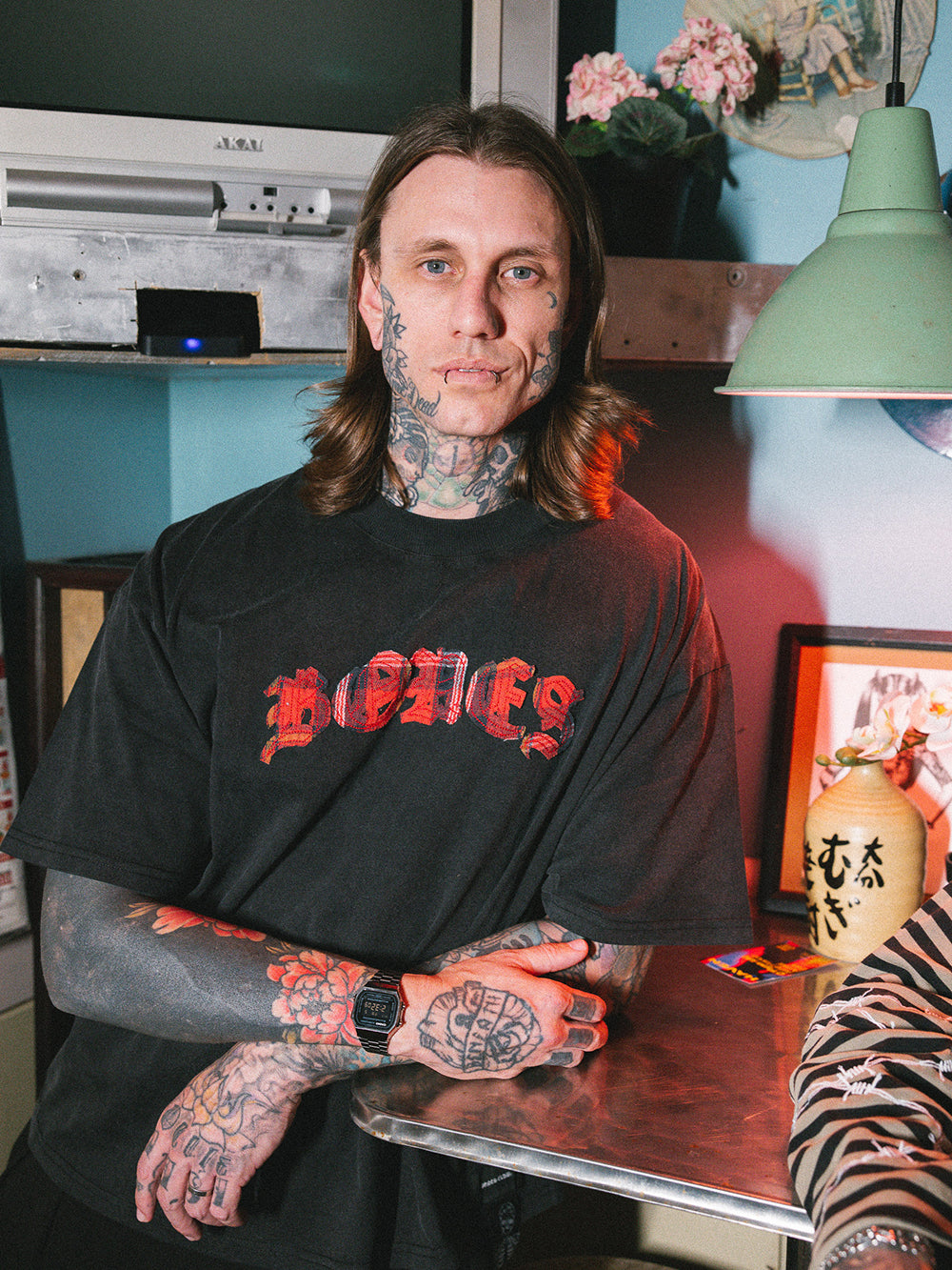 Plaid Bones Logo Tee - Washed Black