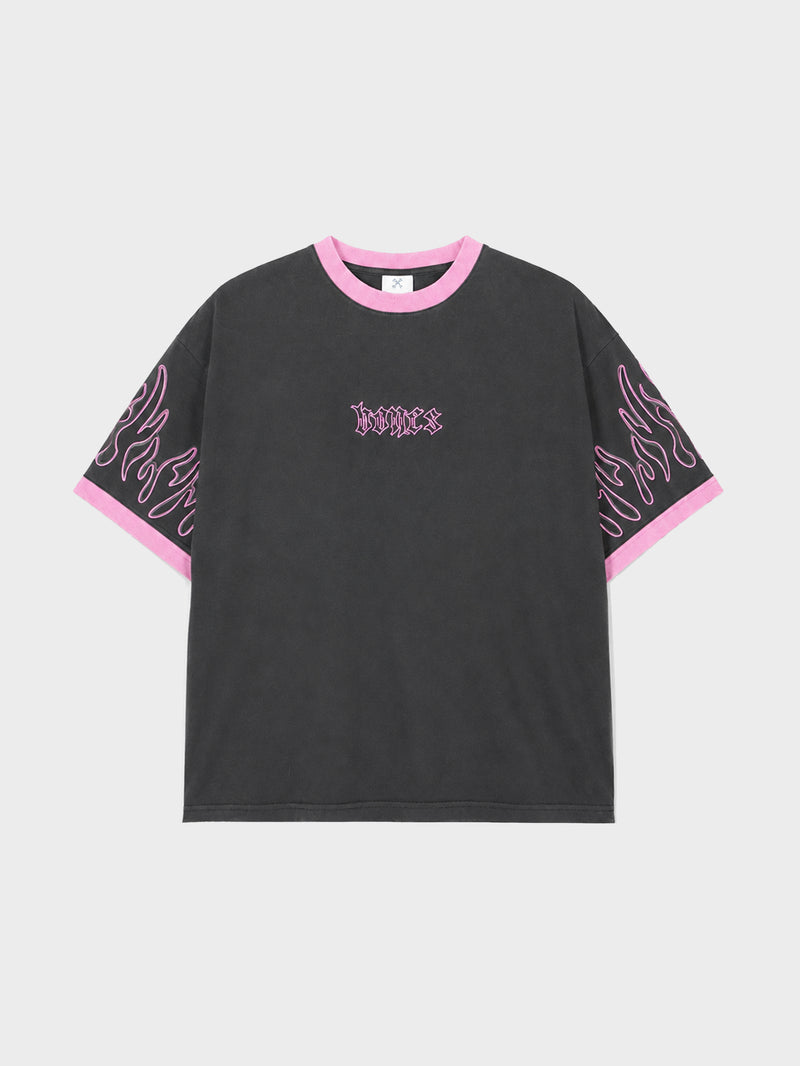 Flamed Steeze Ringer Tee - Washed Black/Pink