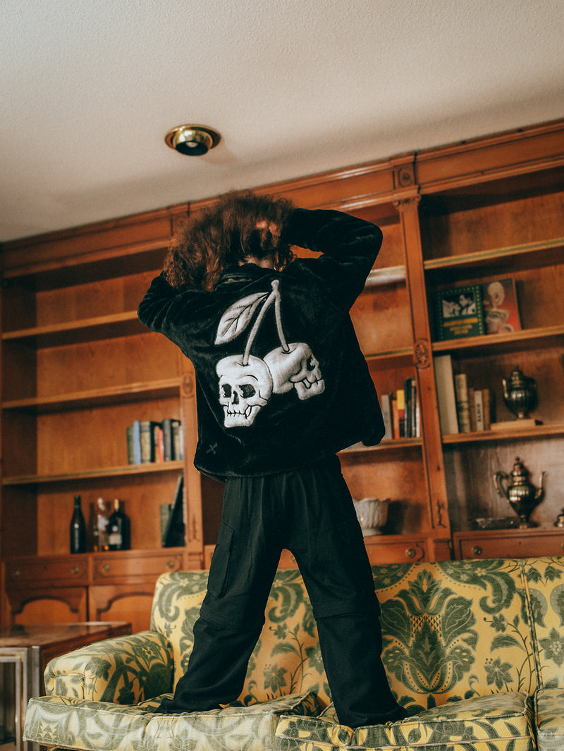 Cherry Skulls Fur Jacket - Black